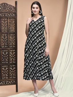 Shree - Women Liva Black and White Printed A-Line Dress