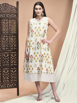 Shree - Women Cambric Off White Jaipur Motifs Print Dress