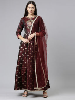 NEERU'S - Brown Embroidered Ethnic Maxi Dress with Dupatta (Set of 2)