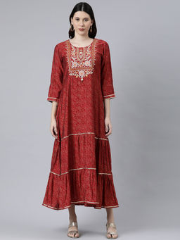 NEERU'S - Maroon Cotton Embroidered Ethnic A-Line Maxi Dress