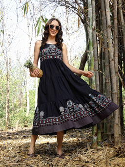 Stylum - Women's Navy Blue Ethnic Printed Cotton Flax Tiered Dress