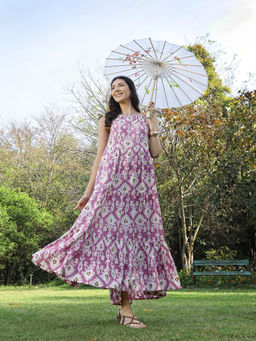 Stylum - Women's Lavender Ikat Printed Rayon Tiered Dress