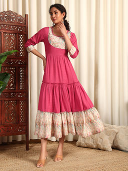 Meeranshi - Fuchsia Rayon Dobby Printed and Solid Long Ethnic Dress