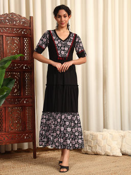 Meeranshi - Black Rayon Dobby Printed and Solid Long Ethnic Dress
