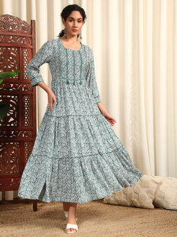 Meeranshi - Green Rayon Printed Long Ethnic Dress