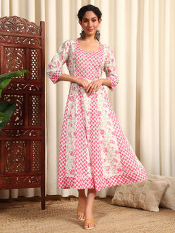 Meeranshi - White and Pink Floral Printed Ethnic Long Dress