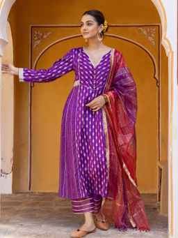 Myaara - Purple Embroidered Zari A-Line Kurta with Pant and Organza Dupatta (Set of 3)