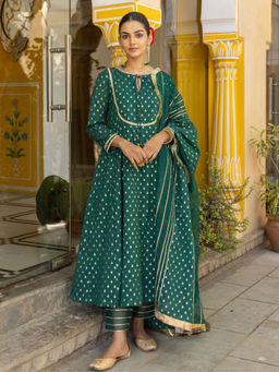 Myaara - Emerald Green Embellished Anarkali Kurta with Pant and Dupatta (Set of 3)