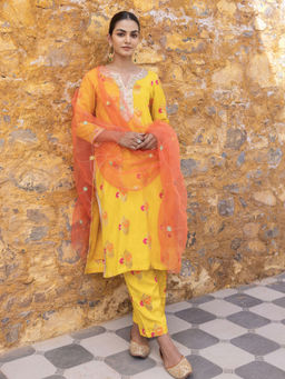 Myaara - Yellow Embroidered Ethnic Straight Kurta with Pant and Dupatta (Set of 3)