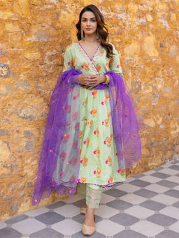 Myaara - Mint Green Embroidered Anarkali Kurta Set with Pant and Dupatta (Set of 3)