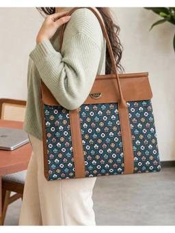 Teal by CHUMBAK - Blue Pixel Flower Printed Tote Bag