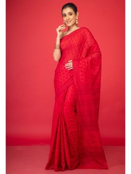 Unnati Silks - Red Pure Mulmul Cotton Saree with Unstitched Blouse