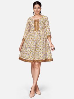 Vbuyz - Women's Floral Print Flared Cotton Yellow Stitched Dress (vf-ku-1898)