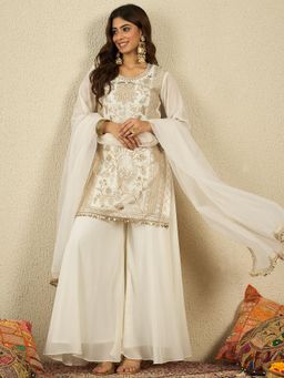 INDDUS - Women Floral Sequined Embroidered Kurta Palazzo With Dupataa