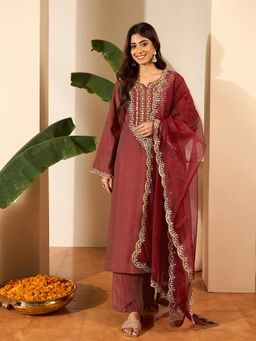 INDDUS - Women Thread Embroidered Kurta Palazzo With Dupataa