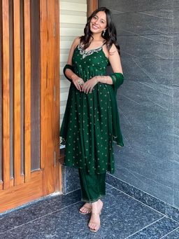 Janasya - Women Green Embroidered A-line Kurta Pant With Dupatta
