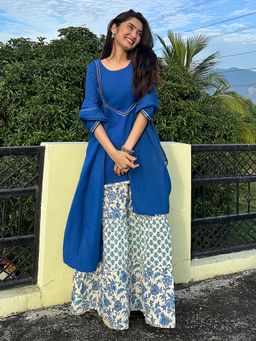 Janasya - Women Blue Straight Kurta With Solid Sharara and Dupatta