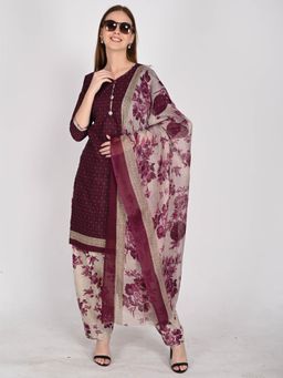 Rajnandini - Women Wine Floral Printed Kurta Salwar With Dupatta