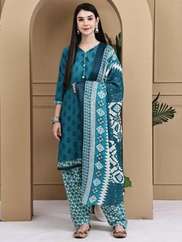 Rajnandini - Women Teal Cotton Blend Printed Kurta Salwar With Dupatta