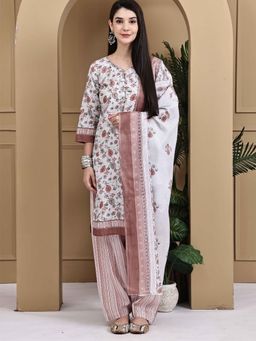 Rajnandini - Women White Cotton Blend Floral Printed Kurta Salwar With Dupatta