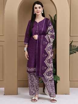 Rajnandini - Women Purple Cotton Blend Floral Printed Kurta Salwar With Dupatta