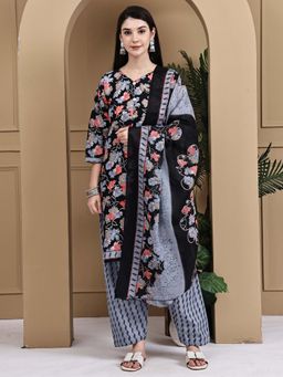 Rajnandini - Women Black Cotton Blend Floral Printed Kurta Salwar With Dupatta