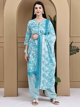Rajnandini - Women Turquoise Cotton Blend Floral Printed Kurta Salwar With Dupatta