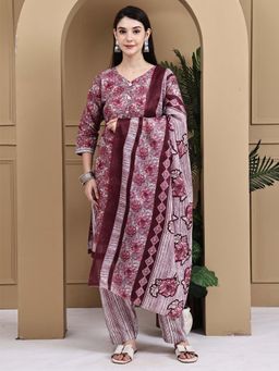 Rajnandini - Women Wine Cotton Blend Floral Printed Kurta Salwar With Dupatta