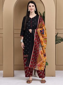 Rajnandini - Women Black Cotton Blend Floral Printed Kurta Salwar With Dupatta