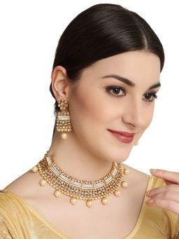 Aatmana - Gold Plated Mirror Studded White Beads Reversible Necklace Set