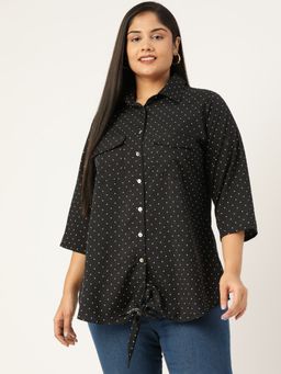 theRebelinme - Plus Size Women Black Polka Dot Printed Button Closure Casual Shirt
