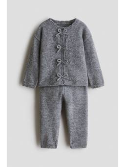 H&M - Girls Grey 2-Piece Bow-Applique Fine-Knit Set