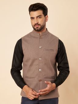 Zamour - Brown Men Wool Blend Mandarin Neck Nehru Jacket