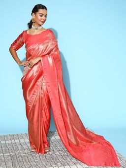 Akhilam - Womens Nylon Coral Woven Design Designer Saree with Unstitched Blouse