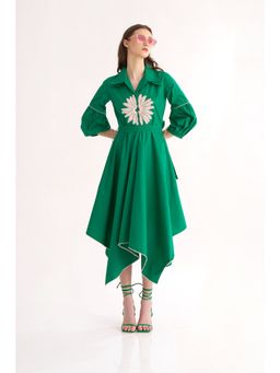 Our Love - Emerald Cotton Poplin Shirt Dress With Belt & Floral Embroidery (Set of 2)