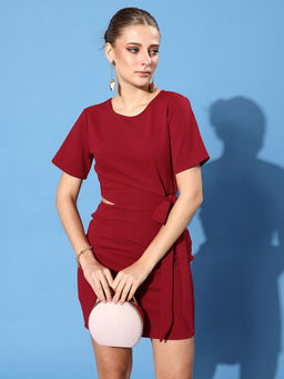 AAREIN - Women Elegant Maroon Solid Cut Out Dress