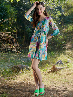 AAREIN - Printed Round Neck Tie-Ups A-Line Dress