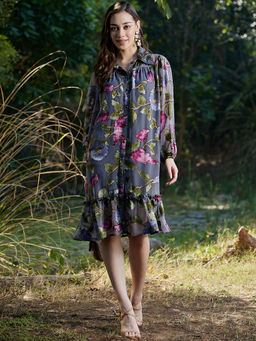 AAREIN - Gathered Puff Sleeves Flounce Floral Printed Shirt Dress