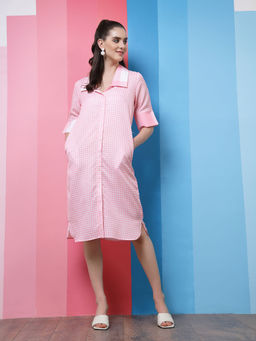 AAREIN - Pink Checked Linen Shirt Dress
