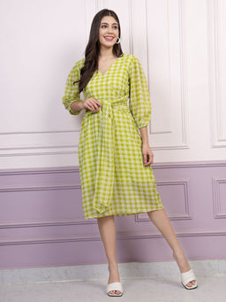 AAREIN - Checked Georgette A-Line Tie Up Dress