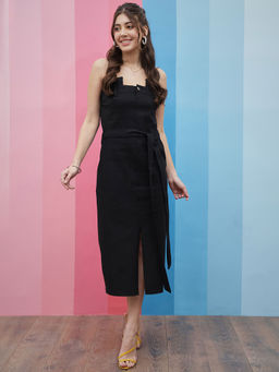 AAREIN - Black Strapless Tie-Up Detailed Denim A-Line Midi Dress