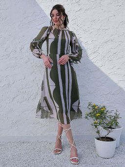 AAREIN - Green Striped Puff Sleeve Ruffled Georgette A-Line Midi Dress
