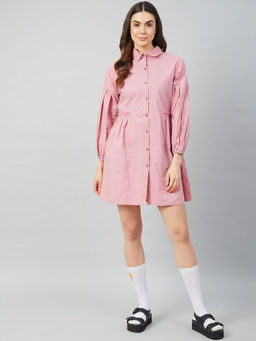 AAREIN - Women Mauve Solid Cotton Shirt Dress
