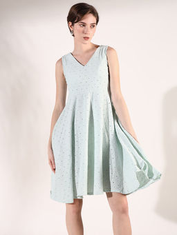 SHOWOFF - Women Green Self Design Fit and Flare Dress