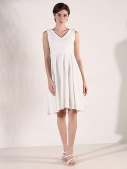 SHOWOFF - Women White Self Design Fit and Flare Dress