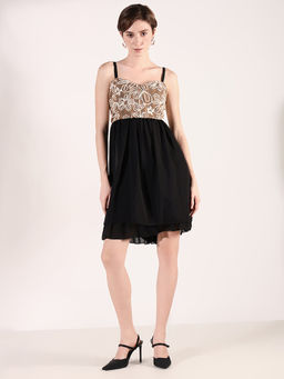 SHOWOFF - Women Black Floral Fit and Flare Dress