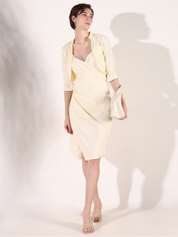 SHOWOFF - Women Cream Textured A-Line Dress with Overcoat (Set of 2)