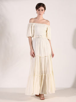 SHOWOFF - Women Cream Striped Fit and Flare Dress with Belt (Set of 2)