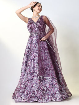 SHOWOFF - Women Purple Floral Ethnic Gown Dress with Belt and Dupatta (Set of 3)