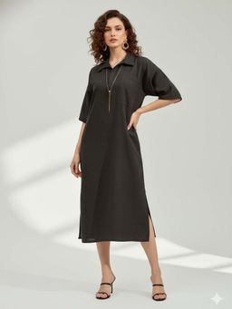 PURVAJA - Women Solid Black Midi Dress
